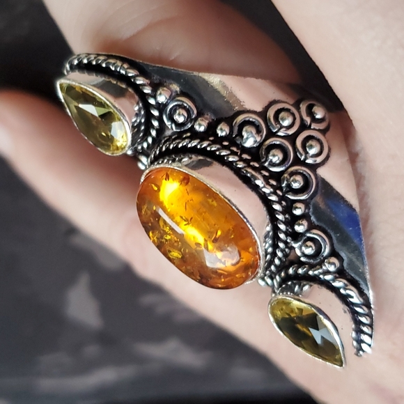 New Baltic Amber & Citrine 925 Silver Statement Ring. - Picture 3 of 16